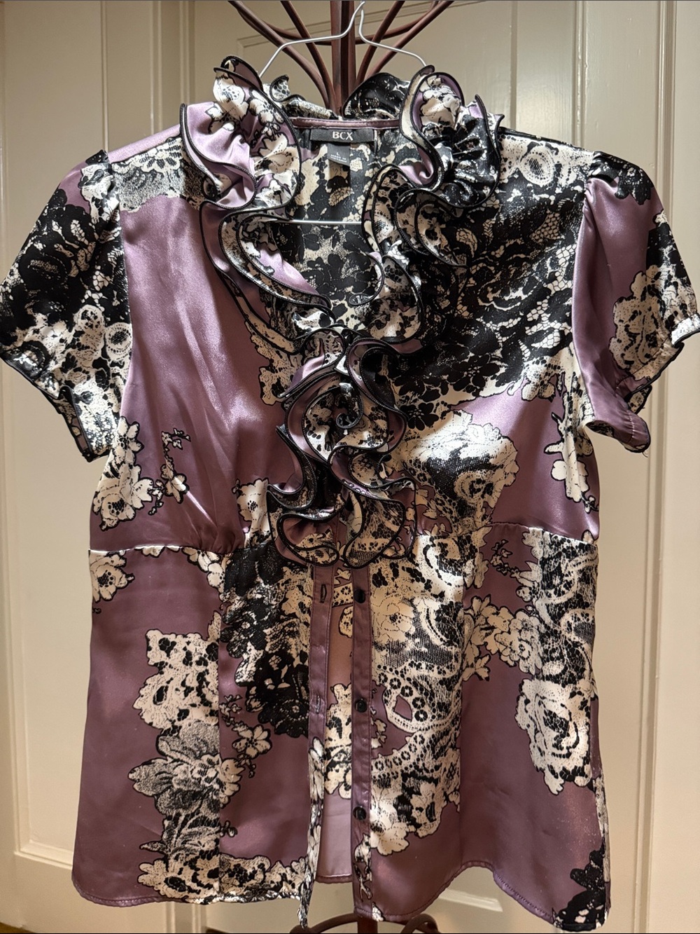 BCX Purple Lavender Floral Ruffle Tie Blouse